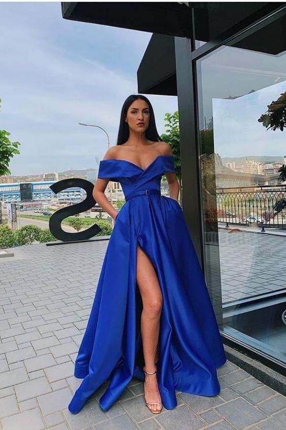 royal blue prom dresses 2020 off the shoulder side slit satin long evening dresses gowns cg11397