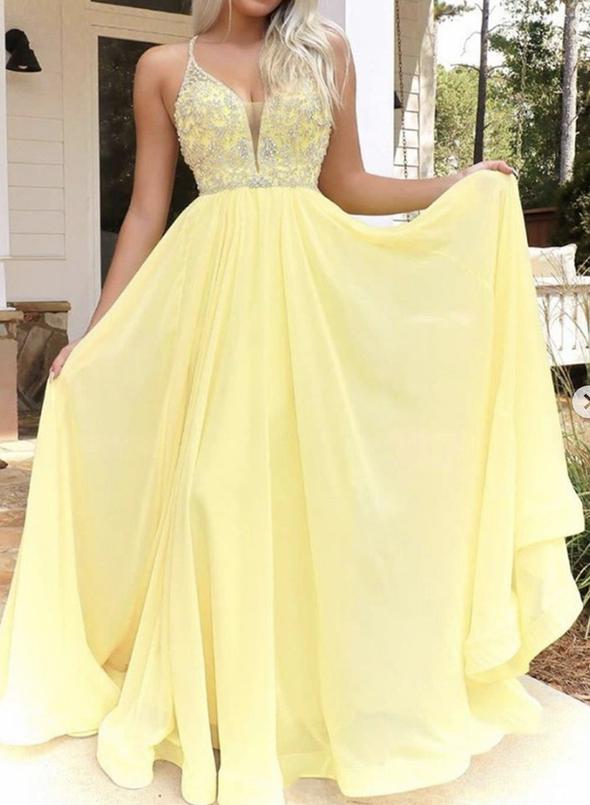 Champagne v neck tulle long prom dress cg11407