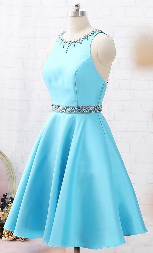 Blaues Satin-Kurzkleid, Blaues Homecoming-Kleid, Kurzes Partykleid mit Perlengürtel cg1141