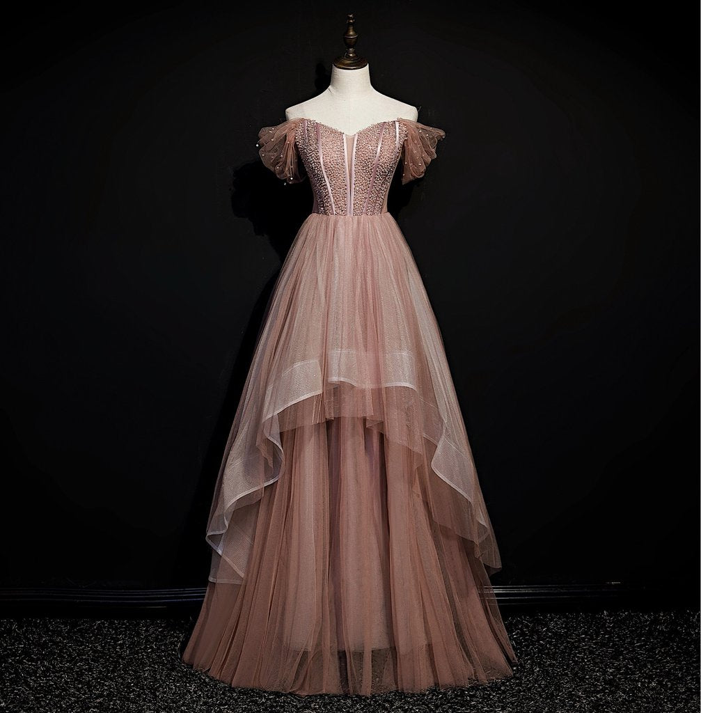 Dark Pink Tulle Beaded Layer Tulle Long Evening Dress, Charming Prom Dress cg11410