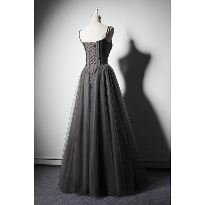 Dark Grey Tulle Straps Long Beaded Party Dress, Grey Long Formal Dresses Prom Dress cg11411
