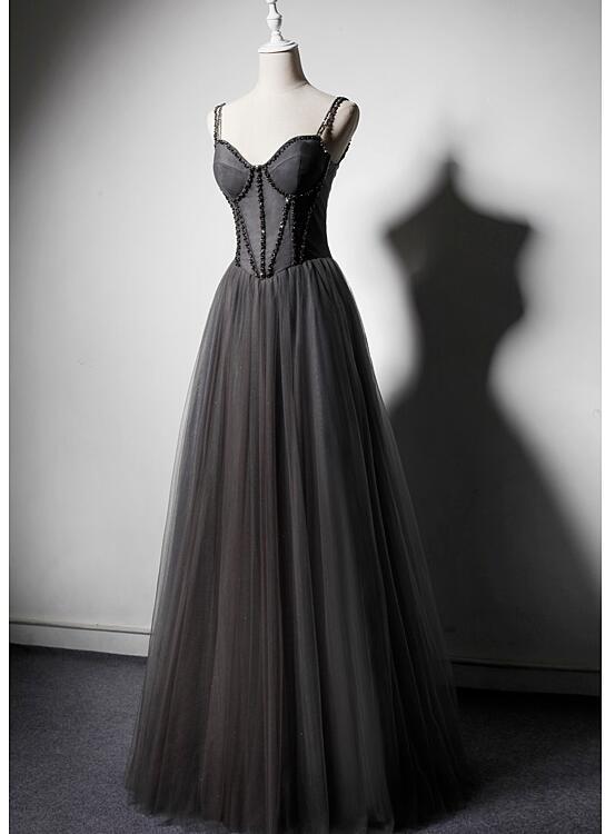 Dark Grey Tulle Straps Long Beaded Party Dress, Grey Long Formal Dresses Prom Dress cg11411 Dark Grey Tulle Straps Long Beaded Party Dress, Grey Long Formal Dresses Prom Dress cg11411