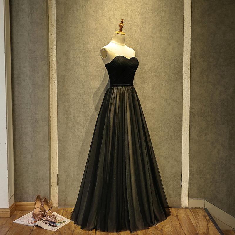 Simple Black Sweetheart A-Line Long Tulle Party Dress, Black Evening Gown Prom Dress cg11413