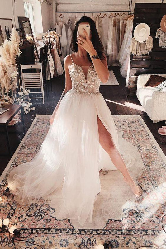 Weißes langes Ballkleid aus Tüll mit V-Ausschnitt, weißes Abendkleid aus Tüll, cg11417