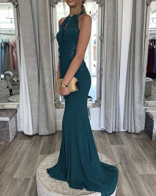 Jersey Meerjungfrau Ballkleid Neckholder Spitzenapplikationen cg11450