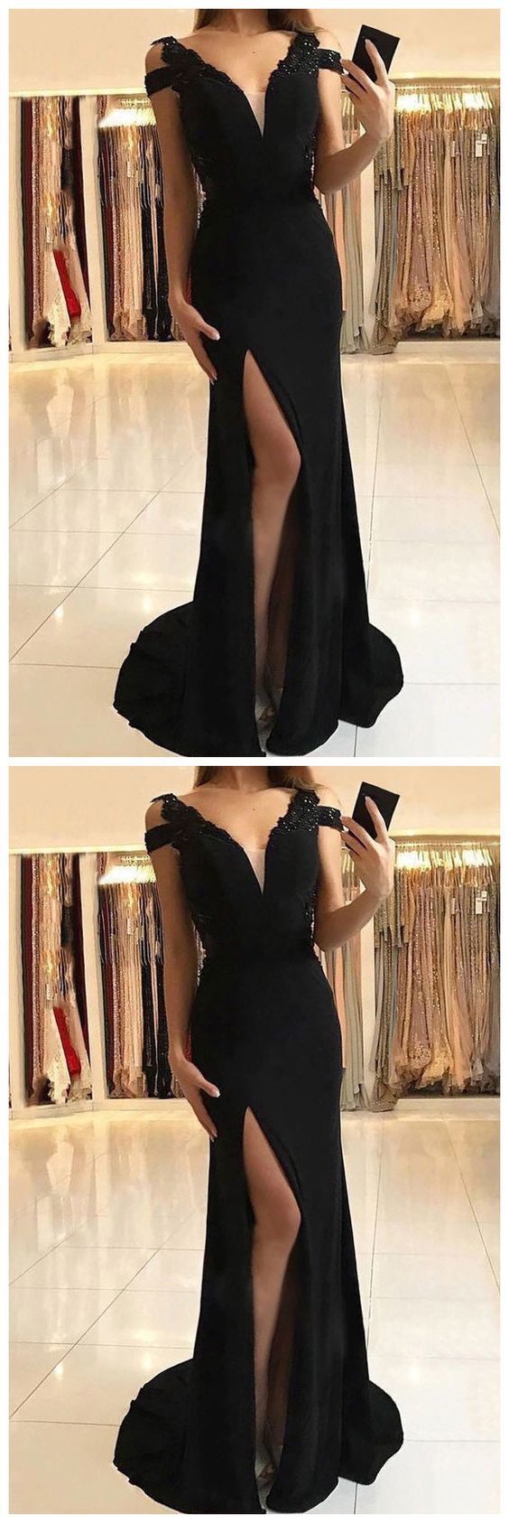 Sexy schwarzes Meerjungfrau-Ballkleid mit V-Ausschnitt und hohem Schlitz, langes schwarzes Abendkleid cg11452