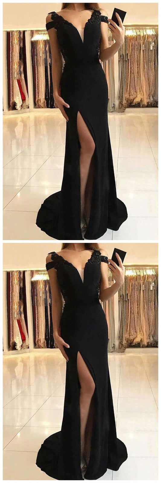 Sexy schwarzes Meerjungfrau-Ballkleid mit V-Ausschnitt und hohem Schlitz, langes schwarzes Abendkleid cg11452