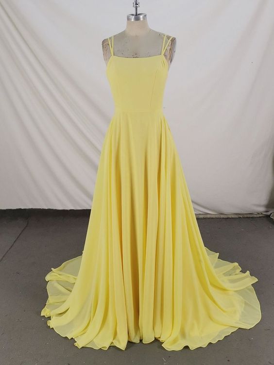 Simple yellow chiffon long prom dress yellow evening dress cg11454