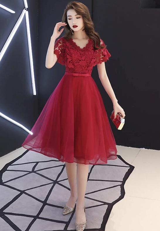 Burgundy v neck lace short A line Homecoming Dress cg11465