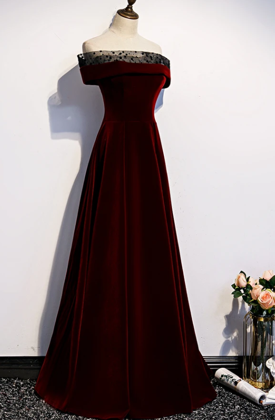 Charming Dark Red Velvet Long Prom Dress, Junior Prom Dress, Evening Gown cg11466