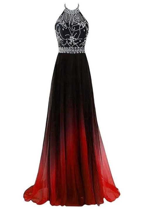 Beautiful Long Beaded Chiffon Gradient Halter Party Dress, A-Line Prom Dress cg11469