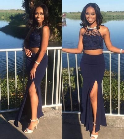 O neck Lace Two Piece Evening Party Dress, Sexy Side Slit Long Prom Dress cg11472