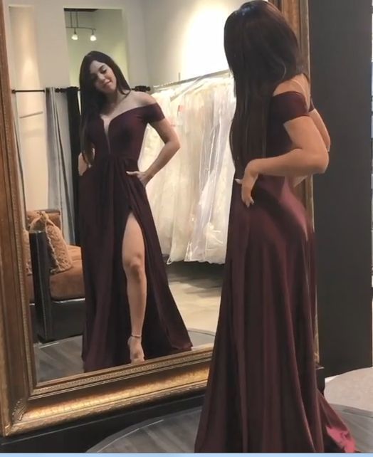 Off Shoulder Slit A Line Prom Dress cg11473