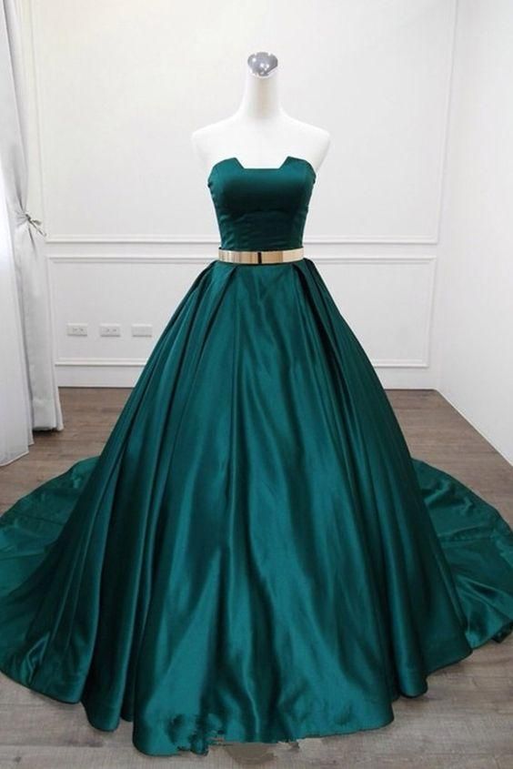 Strapless Green Satin Long Vintage A Line Prom Dress With Gold Belt cg11477