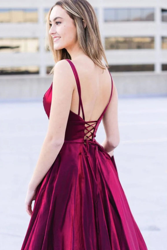 A Line V Neck Open Back Long Burgundy Prom Dress with High Slit, V Neck Burgundy Formal Graduation Evening Dress cg11484