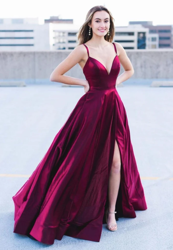 A Line V Neck Open Back Long Burgundy Prom Dress with High Slit, V Neck Burgundy Formal Graduation Evening Dress cg11484