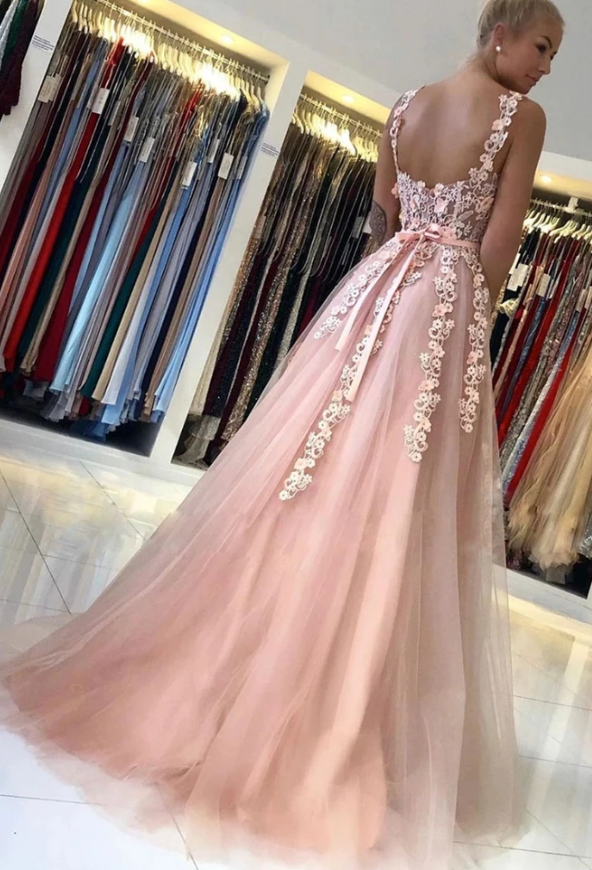 Elegant Backless Long Pink Lace Floral Prom Dress, Pink Lace Formal Graduation Evening Dress cg11486