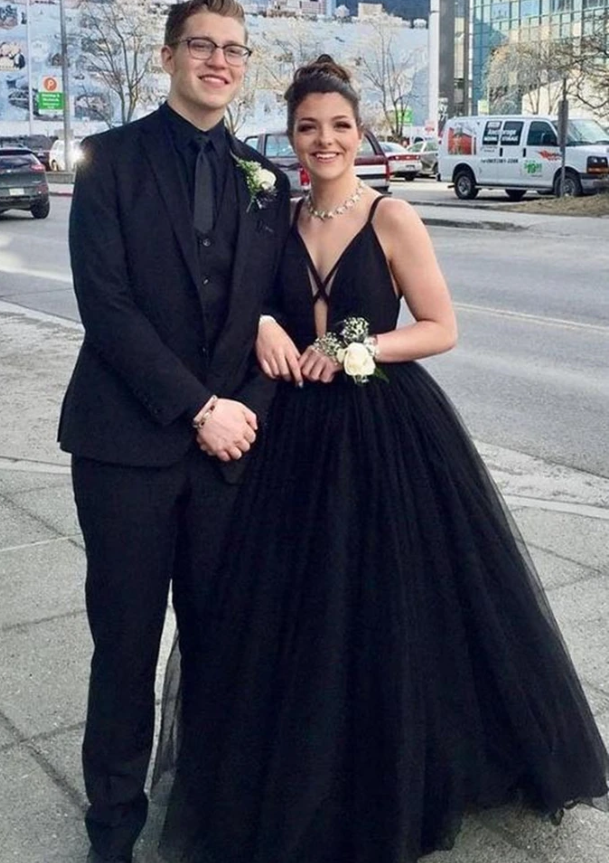 Deep V Neck Black Long Prom Dress, Black Formal Graduation Evening Dress, Fluffy Ball Gown cg11487