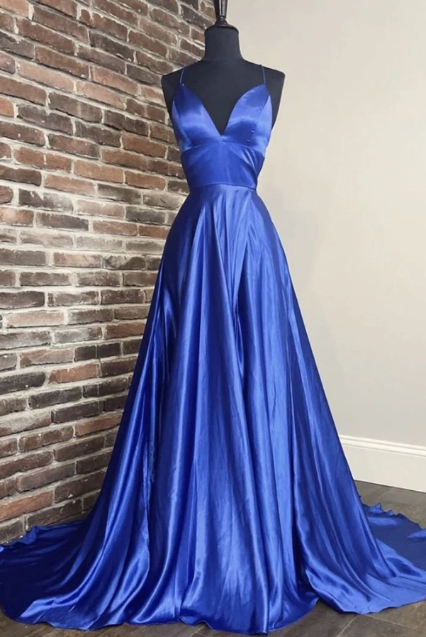 A Line V Neck Blue Long Prom Dress, V Neck Blue Formal Graduation Evening Dress cg11491