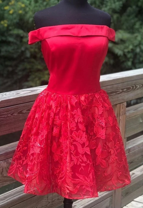 Off Shoulder Red Lace Formal Graduation Dress, Red Lace Homecoming Dress cg11493