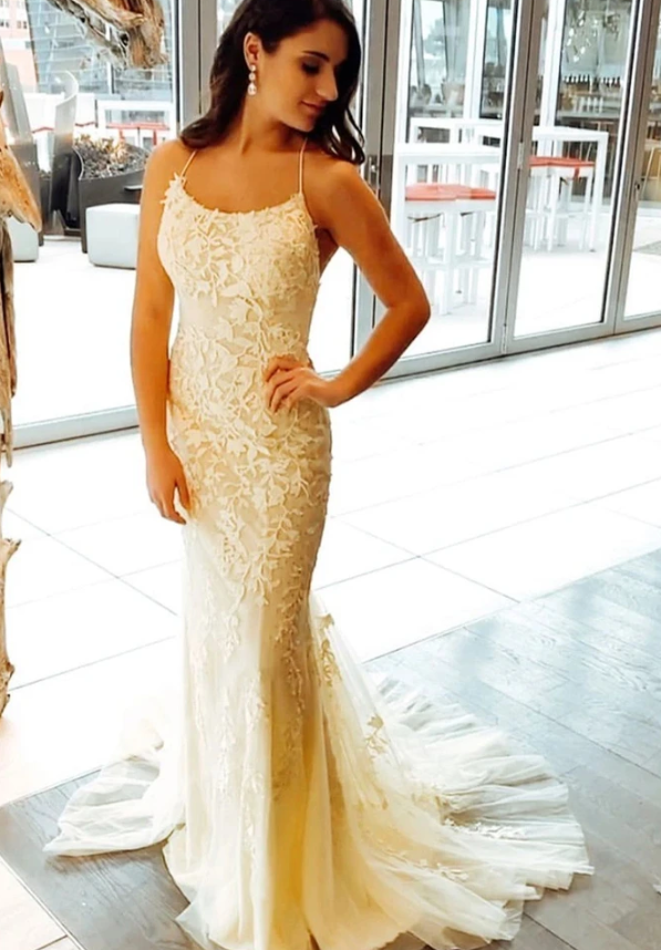 Mermaid Yellow Lace Long Prom Dress with Train, Yellow Lace Formal Dress, Yellow Evening Dress cg11496