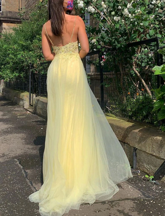 Gelbes langes Ballkleid aus Tüllspitze mit V-Ausschnitt, gelbes Abendkleid, cg11511