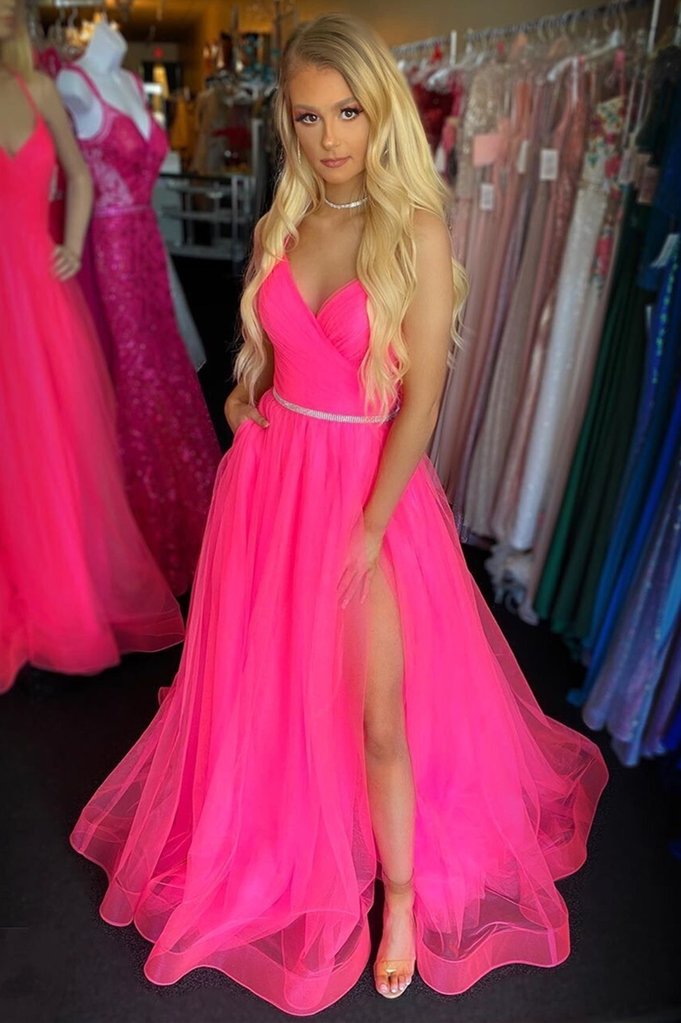 A Line V Neck Backless Hot Pink Long Prom Dress with Slit, Backless Hot Pink Formal Dress, Hot Pink Evening Dress cg11537