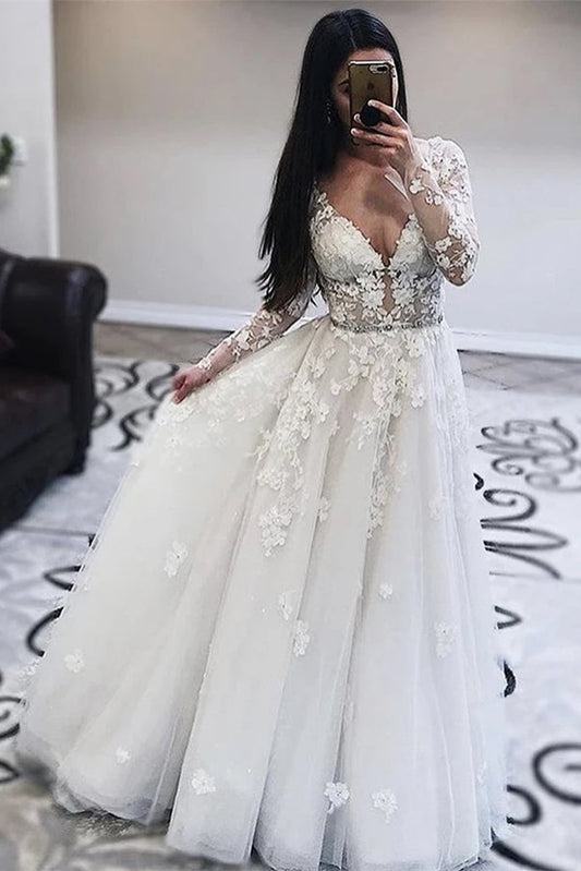 Lange Ärmel V-Ausschnitt Weißes Spitzen-Hochzeitskleid, Lange Ärmel Weißes Spitzen-Formkleid, Weißes Spitzen-Abendkleid cg11539