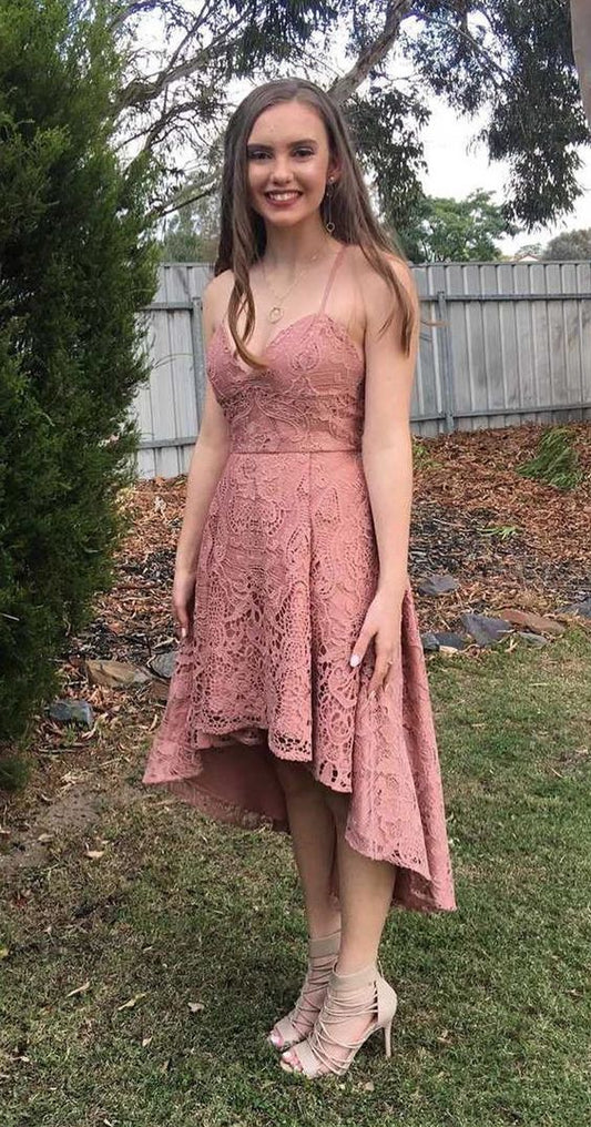 A-Linie Spaghettiträger High Low Blush Spitze Homecoming Kleid cg1154