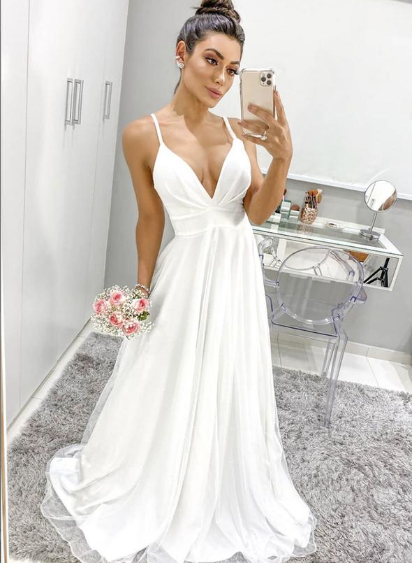 White v neck chiffon long prom dress evening dress cg11549