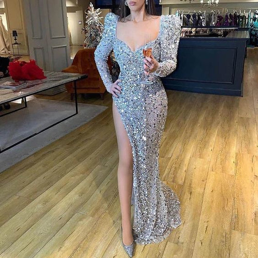 Sexy U-Ausschnitt Langarmkleid mit Schlitz für Damen, Ballkleider cg11555