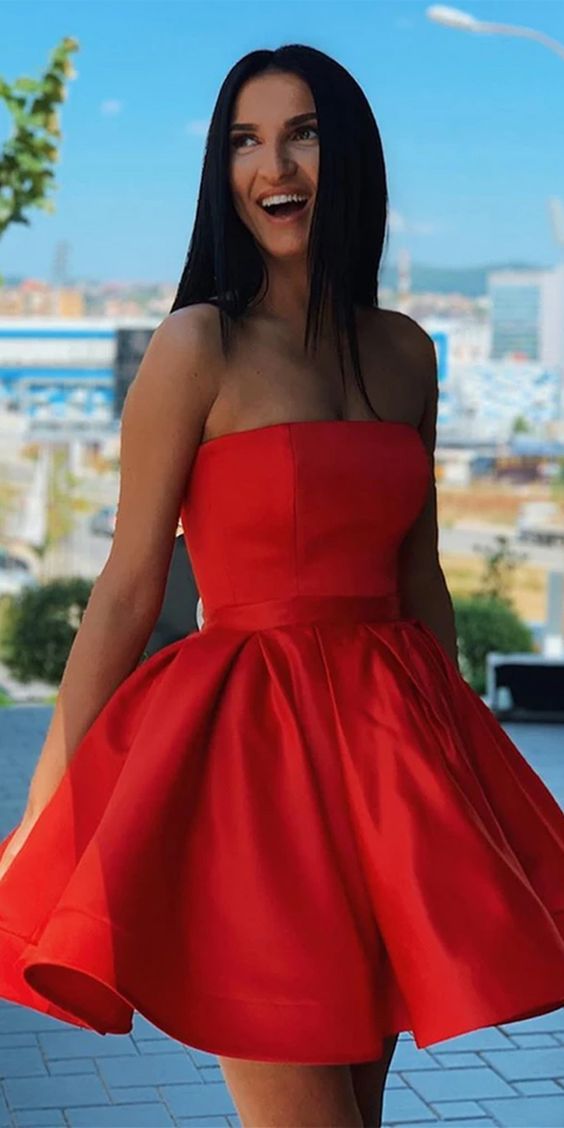 Simple Red Satin Strapless Short Formal Homecoming Dress cg11564