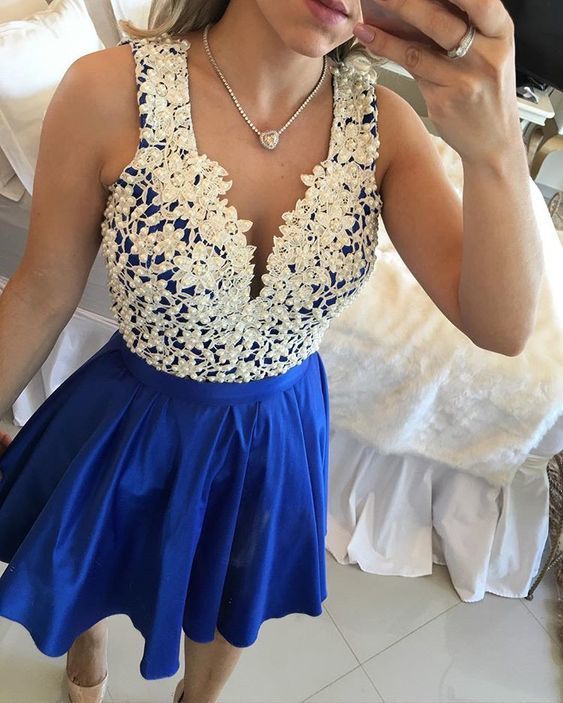 Blue Beading And Applique Short Party Dresses homecoming dress cg11577