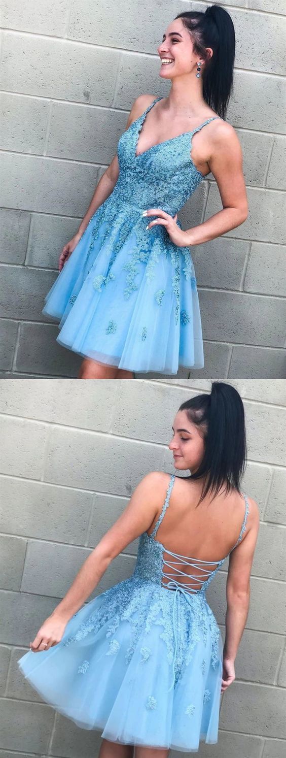 V Neck Short Blue Lace Dresses, Short V Neck Blue Lace Formal Homecoming Dresses cg11585