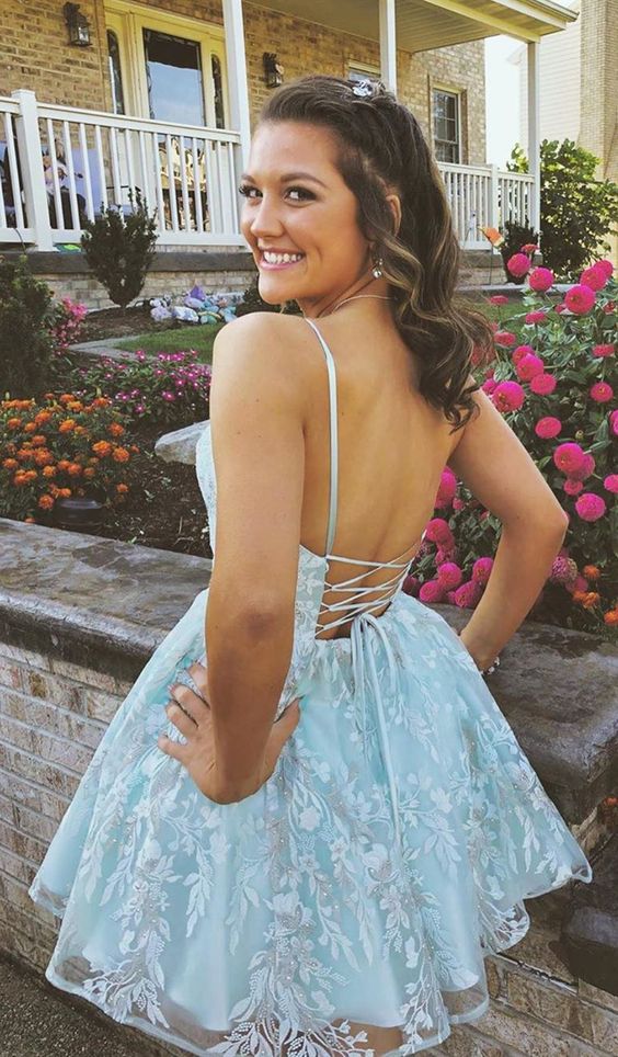 A Line Spaghetti Straps Light Sky Blue Homecoming Dress With Appliques cg11587