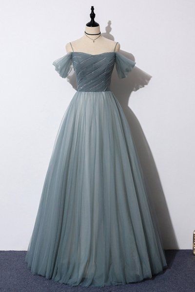 Off the Shoulder Grey Tulle Prom Dress cg11590