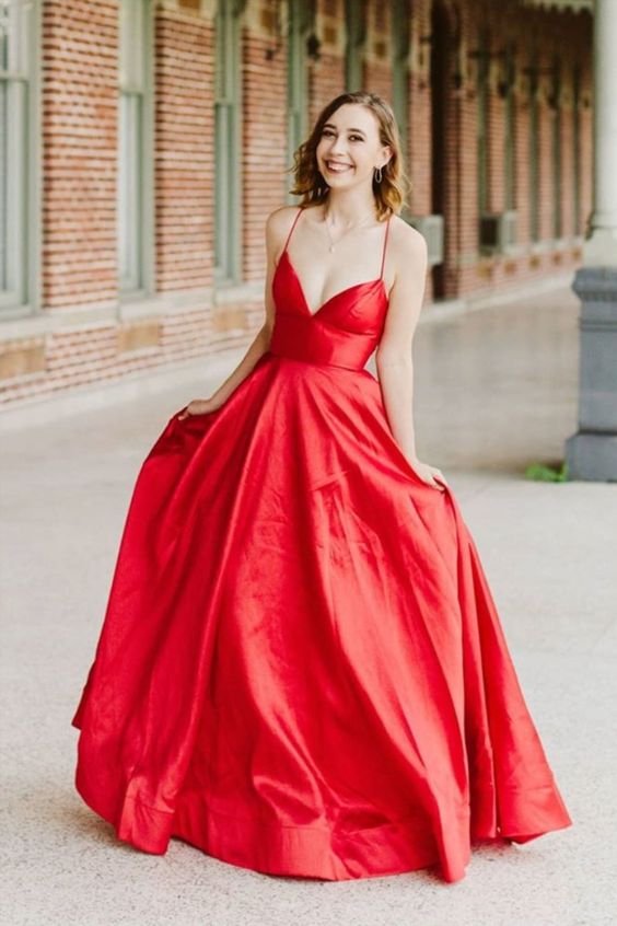 simply sexy red A-line satin long prom dress formal dress cg11599