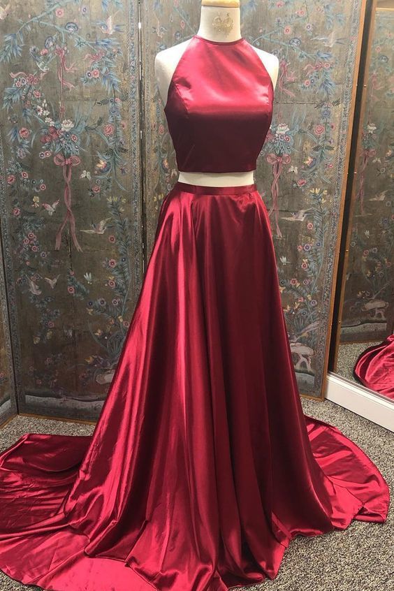 Simple Two Piece Wine Red Long Party prom Dress cg11607