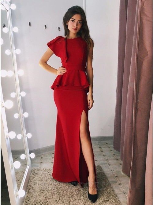 Tight Split Dark Red Jewel Formal Ruffle Prom Party Dress cg11609