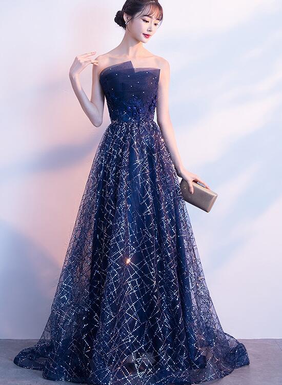 Navy Blue Floor Length Long Party Gown, A-Line Long Prom Dress cg11617