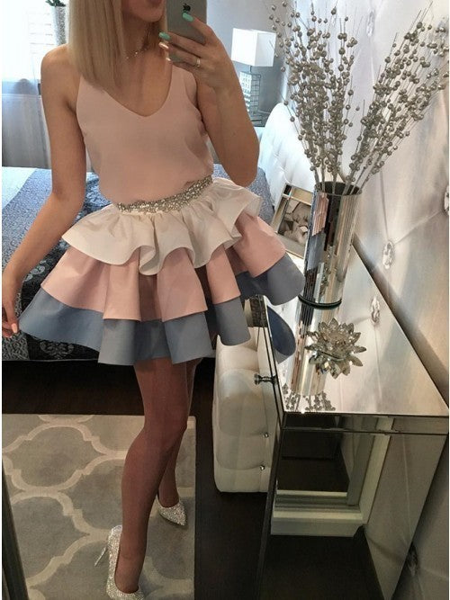Tiered A-Line V-Neck Cute Pink Short Homecoming Dress with Beading cg11630