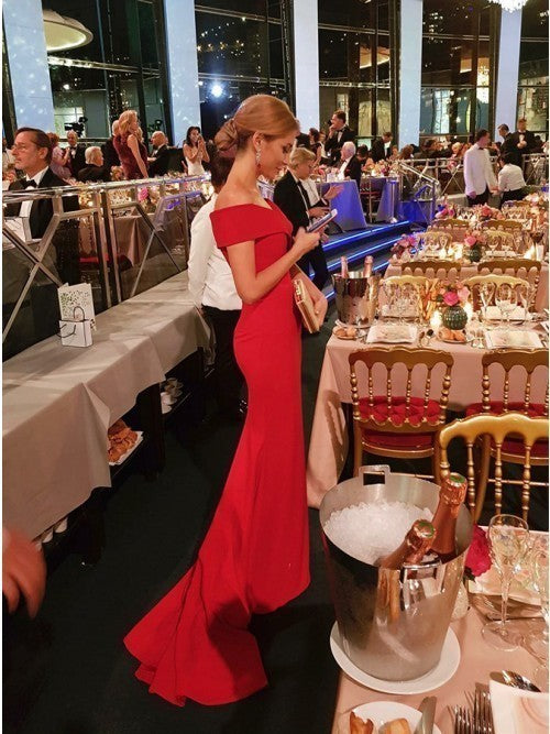 Mermaid Off the Shoulder Sweep Train Red Long Prom Dress cg11637