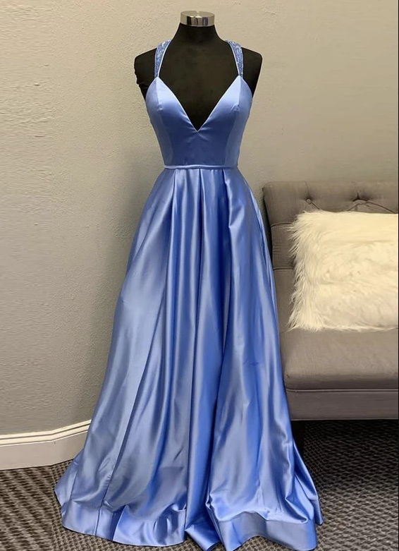 Blue satin long A line prom dress evening dress cg11643