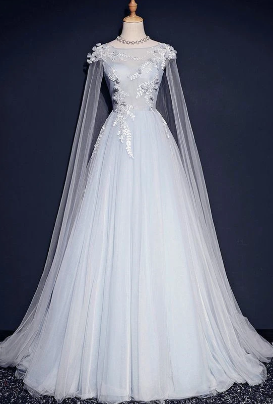 Light Blue Tulle Long Party Gown With Lace Applique, Unique Long Prom Dress cg11645