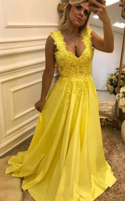 Yellow Prom Dresses Lace Appliques Pearls Evening Dresses cg11655