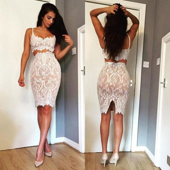 Two Piece Mermaid Dress,White Sweetheart Homecoming Dress cg11658