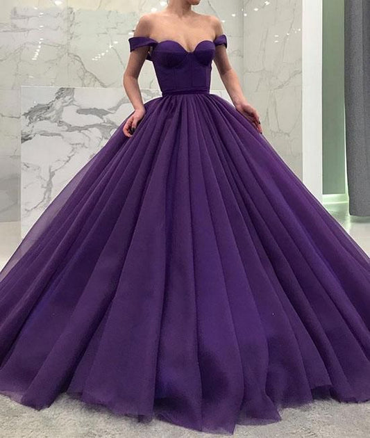 Schlichtes Ballkleid, Lila Tüll Ballkleid, Off Shoulder Abendkleid, Bodenlanges Ballkleid cg11668