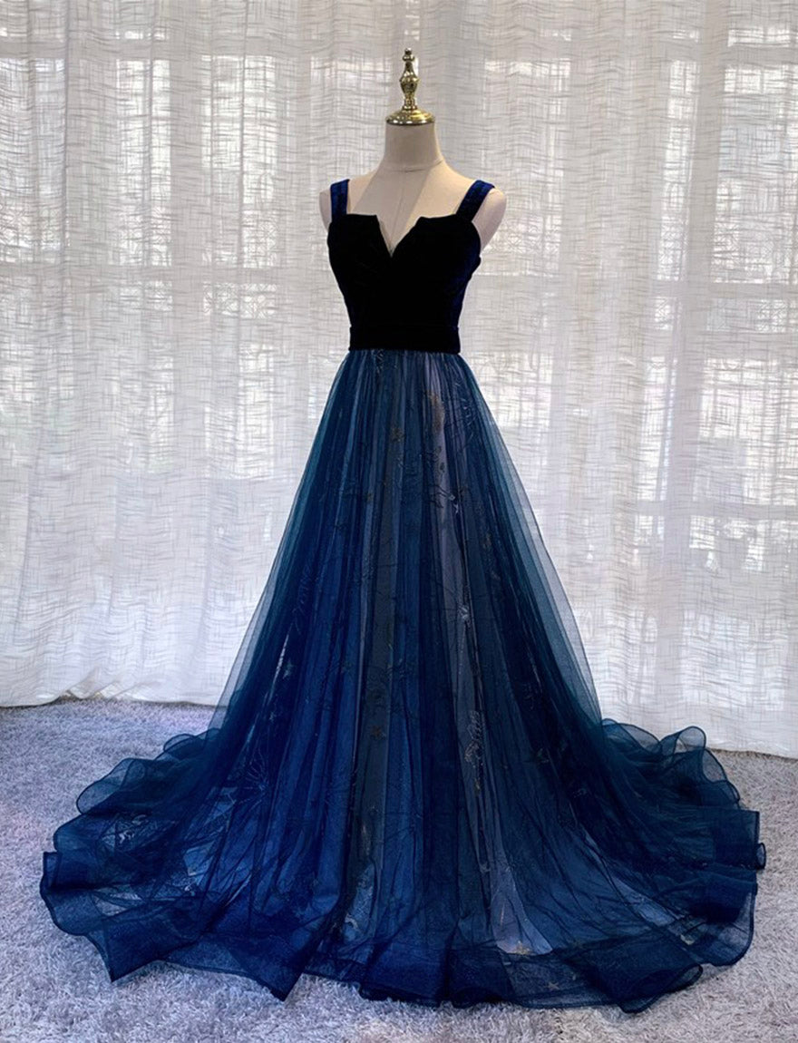 BLUE VELVET TULLE LONG PROM GOWN FORMAL DRESS cg11689