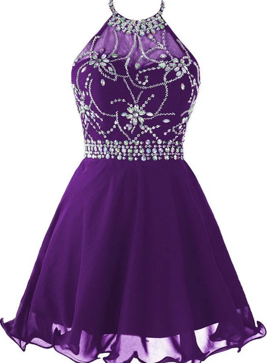 Beautiful Purple Chiffon Halter Beaded Homecoming Dress, Knee Length Party Dress cg11704