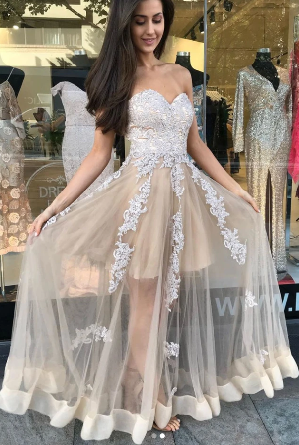 CHAMPAGNE SWEETHEART TULLE LACE LONG PROM DRESS, LACE FORMAL DRESS cg11708